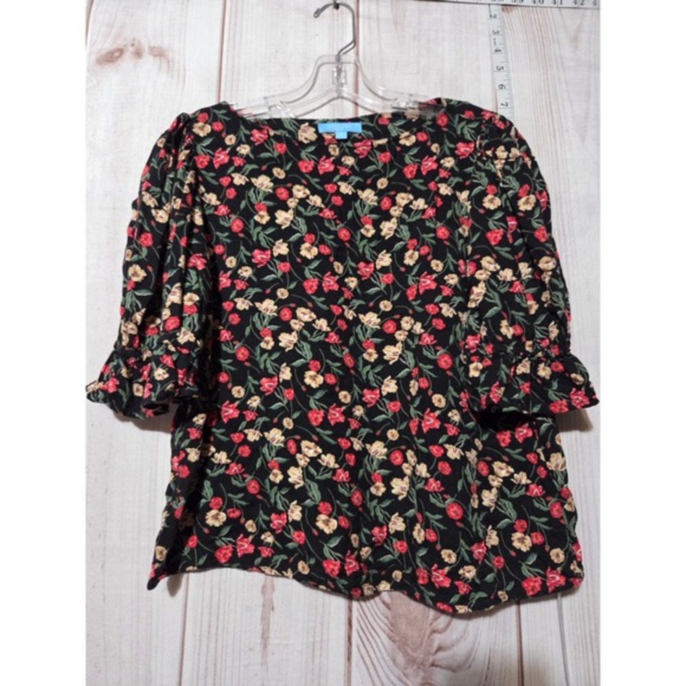 Draper James RSVP Womens Black Floral Ruffle Sleeve Rayon Blouse Small‎